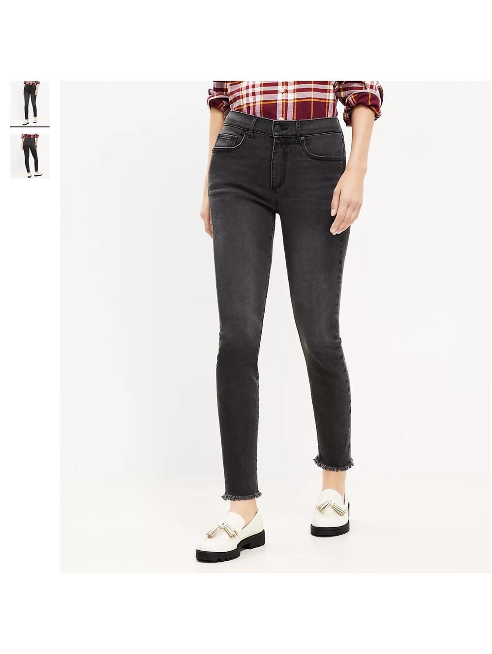 Loft Curvy Frayed Mid Rise Skinny Jeans in Washed Black Wash - Size 31 / 12
